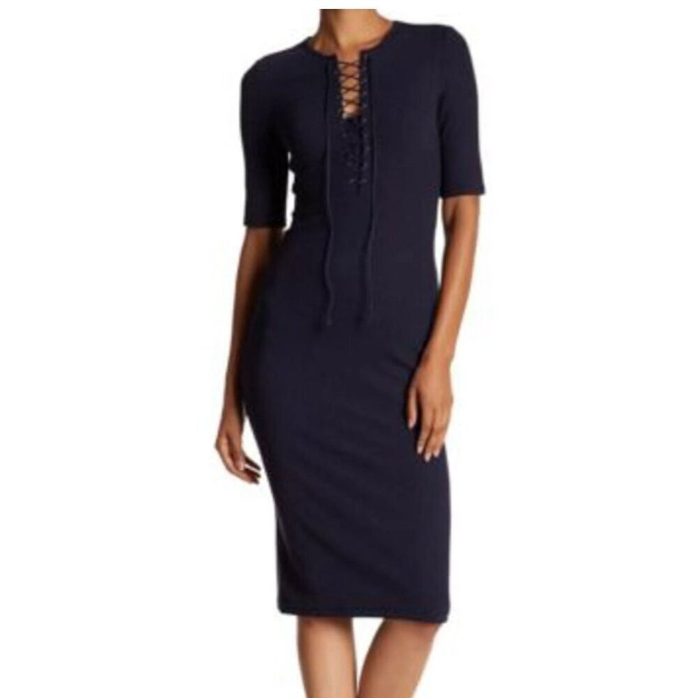 Derek Lam 10 Crosby Lace Up Midi Dress Midnight Blue Ribbed Size Medium